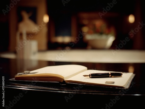 guestbook. Open leather-bound guestbook on a counter with a fountain pen, classic and elegant. lifestyle magazines, social media lookbooks, designed for lifestyle magazines and social media content.