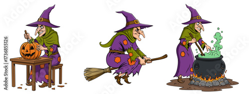 Witch carving pumpkin, flying on broomstick and brewing potion