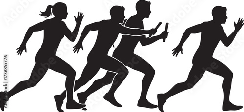 Group of diverse athletes running a race in a dynamic silhouette isolated on white background