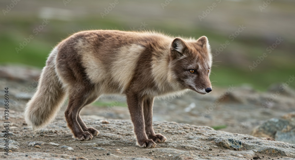 Fototapeta premium Beautiful Arctic fox with white winter fur in snowy landscape, symbol of survival and wilderness, perfect for wildlife, nature, and arctic themes.
