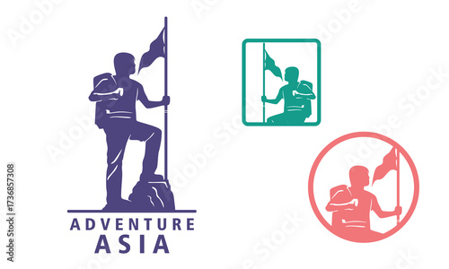 the rock climbers, asia adventure logo, silhouette of standing rock climber and flag vector illustrations