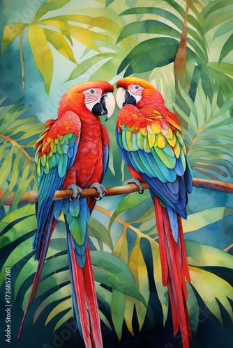 Watercolor Jungle with Exotic Birds