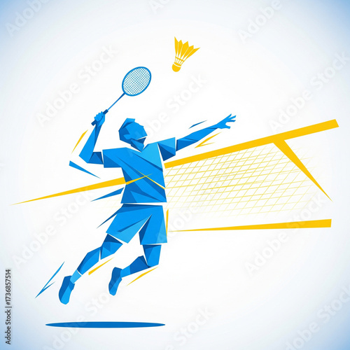 Dynamic illustration of a badminton player in mid-air executing a powerful smash shot over the net.