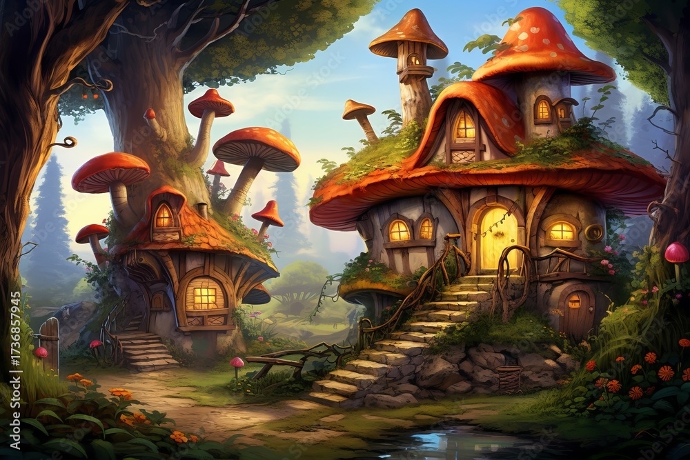 Fototapeta premium Enchanted Gnome Village Among the Trees