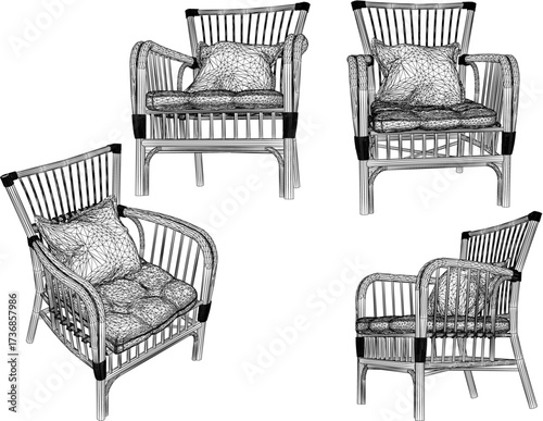 vector sketch illustration of rattan wood lounge chair design with modern abstract ethnic traditional design