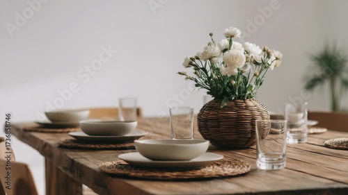 Wallpaper Mural A beautifully arranged dining table showcases a rustic yet contemporary style with woven placemats and a floral centerpiece. The serene setting is perfect for gatherings or stylish home inspiration Torontodigital.ca