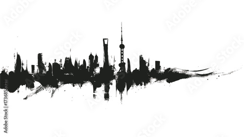 Shanghai skyline silhouette in dramatic black brush ink grunge painting