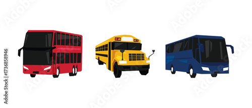 Vector set of colorful bus, double-decker bus, and school bus. Flat geometric illustration.