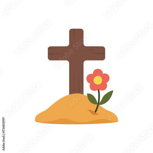 Gravesite  cross and flowers. Cross on a small mound with a bloom, memorial, tribute, cemetery motif.