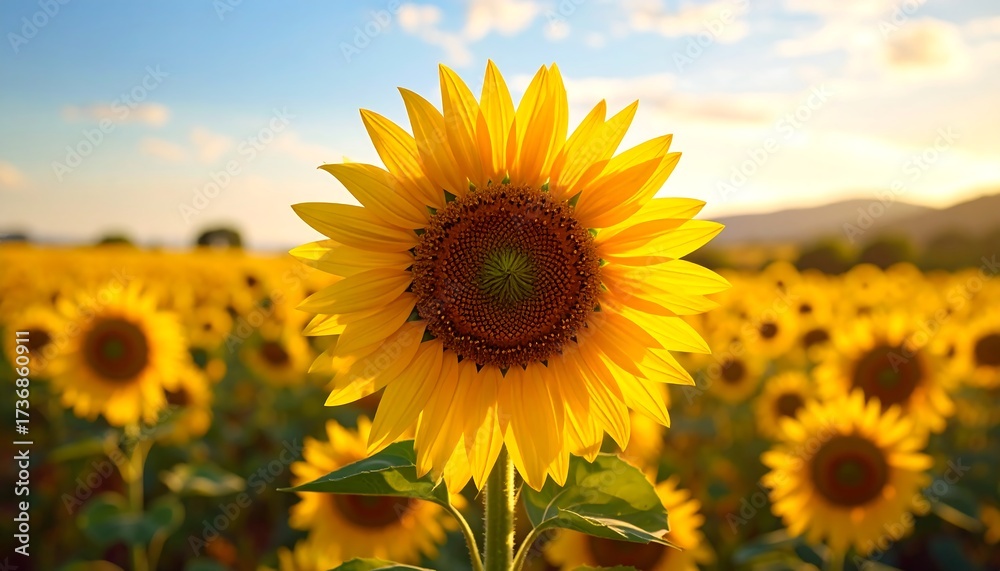 Fototapeta premium A vibrant sunflower field bursts with golden hues under a serene, soft-light sky.