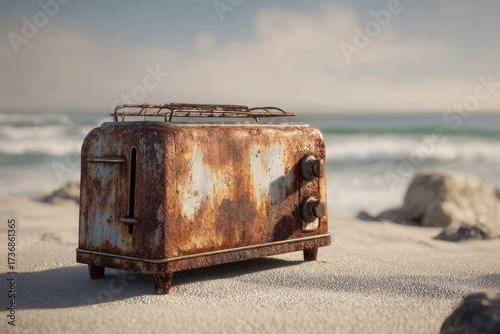 A rusty old toaster rests on a sandy beach, sea in the background