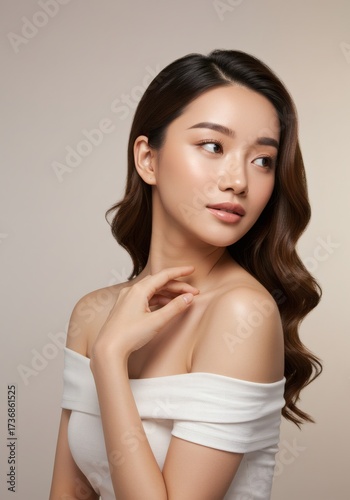 Beautiful young Asian woman with glowing skin and wavy hair, wearing an off-shoulder white top, looking gracefully over her shoulder.