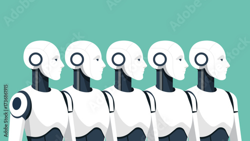 Group of humanoid robots standing in a row, symbol of automation, technology, future workforce, innovation, society and digital transformation concept. Flat vector illustration