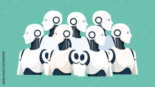 Group of humanoid robots together, symbol of technology, automation, digital future, innovation, workforce transformation, industry and society concept. Flat vector illustration