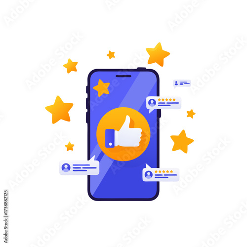 smartphone screen showing star rating and thumbs up, symbolizing app review and online feedback.