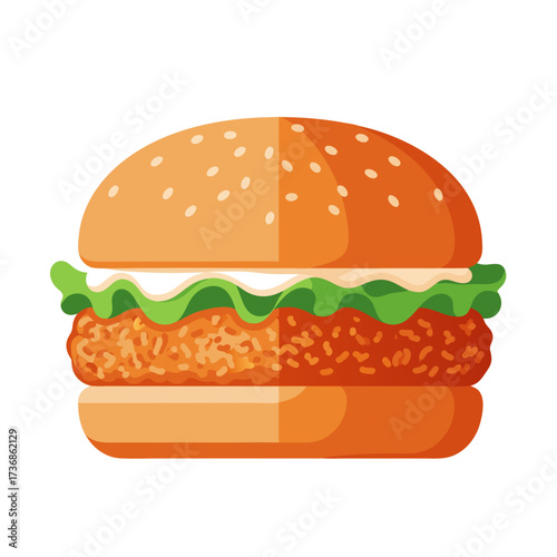 crispy fried chicken burger with lettuce, cheese, and sesame bun for fast food menu design.