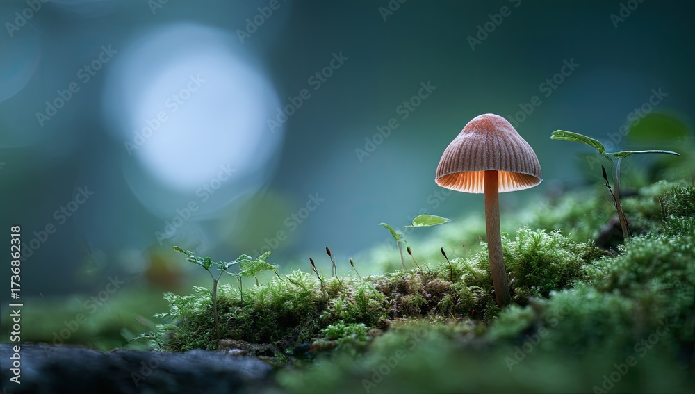 Fototapeta premium Macro shot of a small mushroom on moss, illuminated by soft light, blurred forest background