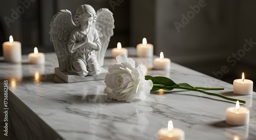 All Souls' Day Angel statue and white rose with candles on marble surface creating a peaceful and serene scene