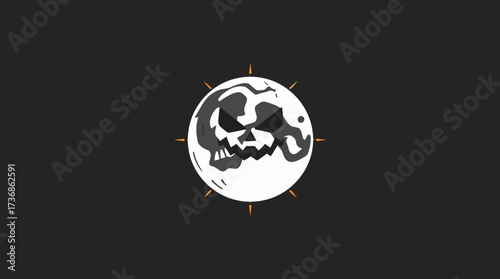 A stylized illustration of a spooky moon with a skull-like face against a dark background.