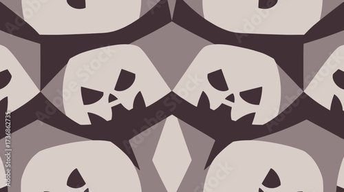 A repeating pattern of stylized skulls arranged in a geometric design, creating a dark and ominous visual.