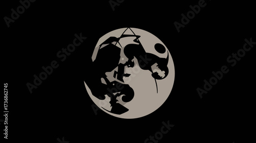 A stylized, dark silhouette of a figure or creature against a pale moon-like circle, set against a black background.