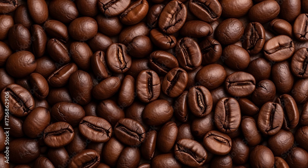 Naklejka premium Close up of roasted coffee beans filling the frame creating a rich textured background.