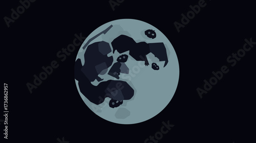 Stylized illustration of a full moon with dark craters against a dark background.