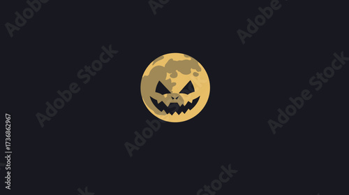A stylized moon with a carved jack-o'-lantern face, set against a dark background.