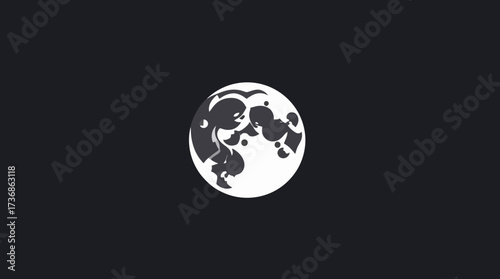Stylized illustration of a full moon with dark craters against a solid dark background.