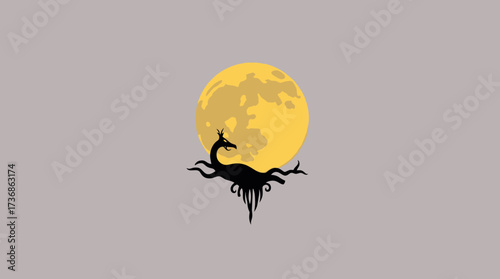 Silhouette of a spooky tree and a bat against a full moon on a dark gray background.