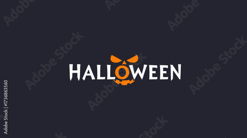 Halloween text with a pumpkin face replacing the "O", on a dark background.