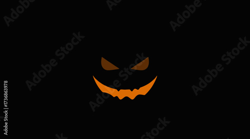 A stylized, glowing orange jack-o'-lantern face with menacing eyes and jagged teeth against a stark black background.