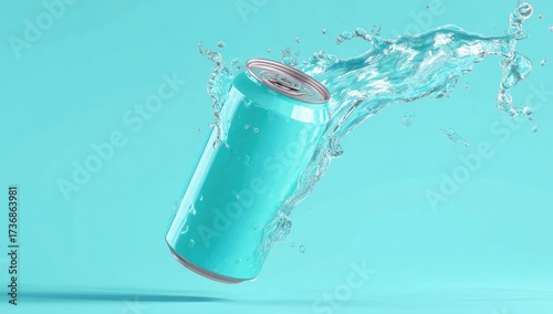 A turquoise soda can against a blue background with a water splash bursting behind it