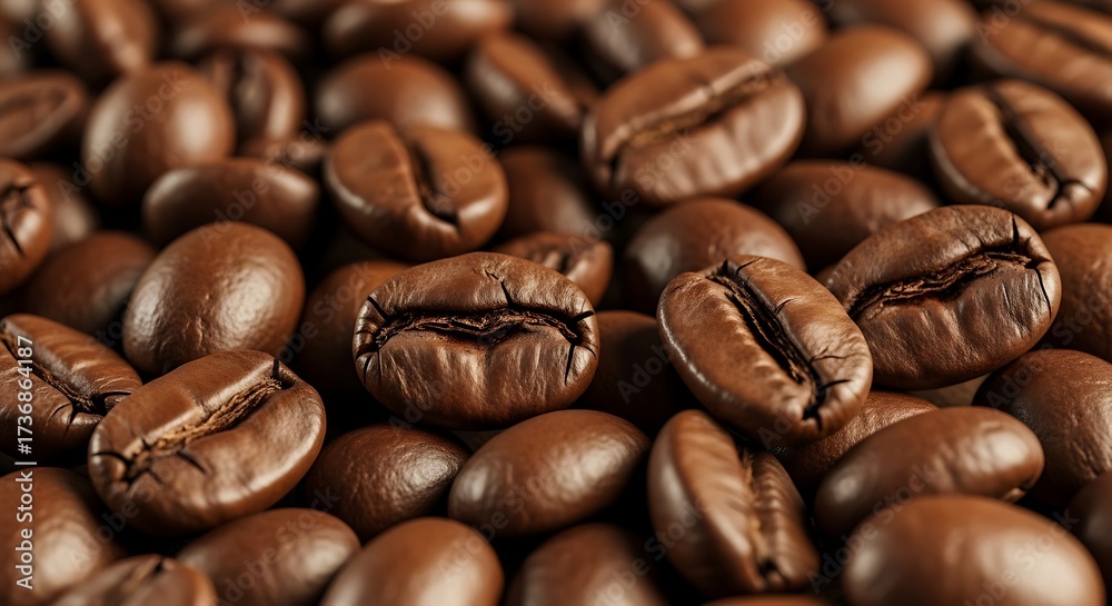 Fototapeta premium Close-up of Roasted Coffee Beans, Rich Brown Texture and Aroma.