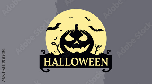Halloween illustration with a carved pumpkin, bats flying against a full moon, and the word "Halloween" below.