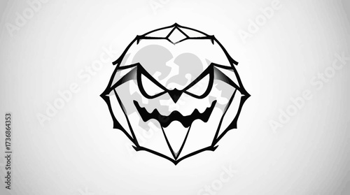 A spooky illustration of a stylized, geometric Halloween face, with sharp angles and a menacing expression.