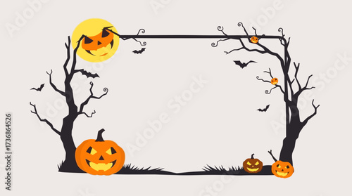 A Halloween-themed decorative frame featuring pumpkins, bats, and bare trees under a full moon.