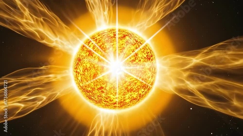 Fiery sun with plasma flares, a dramatic space scene of stellar energy.
