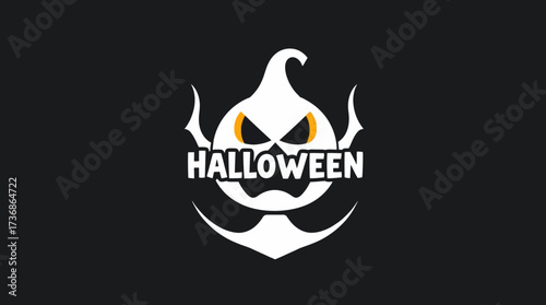 A spooky Halloween logo featuring a ghost with angry eyes and the word "Halloween" displayed.