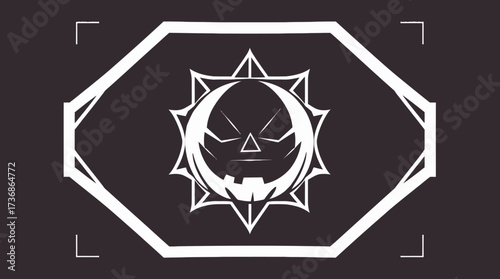White graphic of a stylized, menacing face inside a starburst and octagon shape on a dark background.