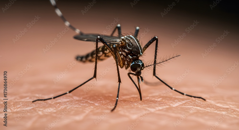 Fototapeta premium Close-up of a mosquito on human skin, biting insect, disease vector, macro.