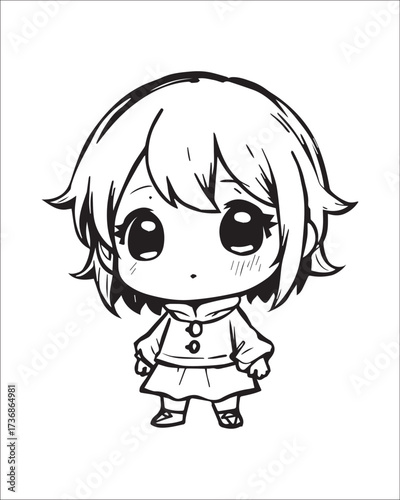 A delightful outline illustration of a chibi girl with short hair wearing a sweater. The gentle expression makes it ideal for nursery art, winter clothing tags, children's books