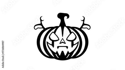 A black and white illustration of a carved Halloween pumpkin with a spooky face and decorative elements.