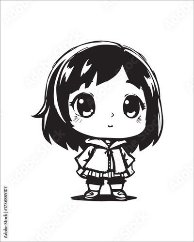 An expressive cartoon illustration of a cute chibi girl with dark hair and a bright smile. This style is excellent for merchandise, avatar profiles, webcomics