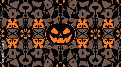 A symmetrical Halloween-themed pattern featuring a carved pumpkin and decorative motifs.
