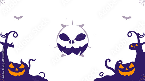 Halloween themed graphic with skull, jack-o'-lanterns, spooky trees, bats, and decorative elements on a white background.