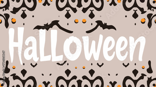 A festive Halloween banner featuring the word "Halloween" with decorative elements and bats.