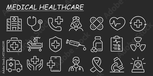 Healthcare icon set. Containing treatment, prevention, medical, health, diagnosis, report, illness, injury and more. Line vector icons collection. 