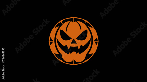 Graphic illustration of a carved pumpkin with a menacing expression, set against a dark background.