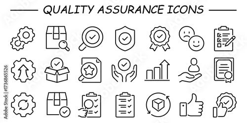 Quality assurance and control outline icons set isolated on white background flat vector illustration. 